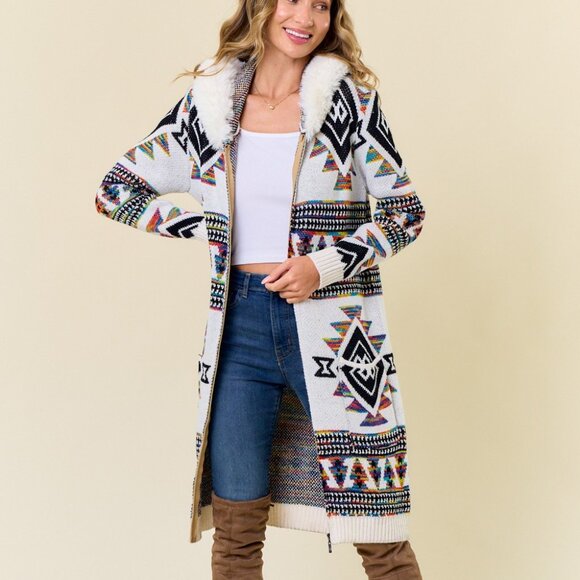 ON BLUE Rainbow Aztec Print Zip-Up Cardigan: Faux Fur Lined Hooded Cardigan Coat - Picture 3 of 15